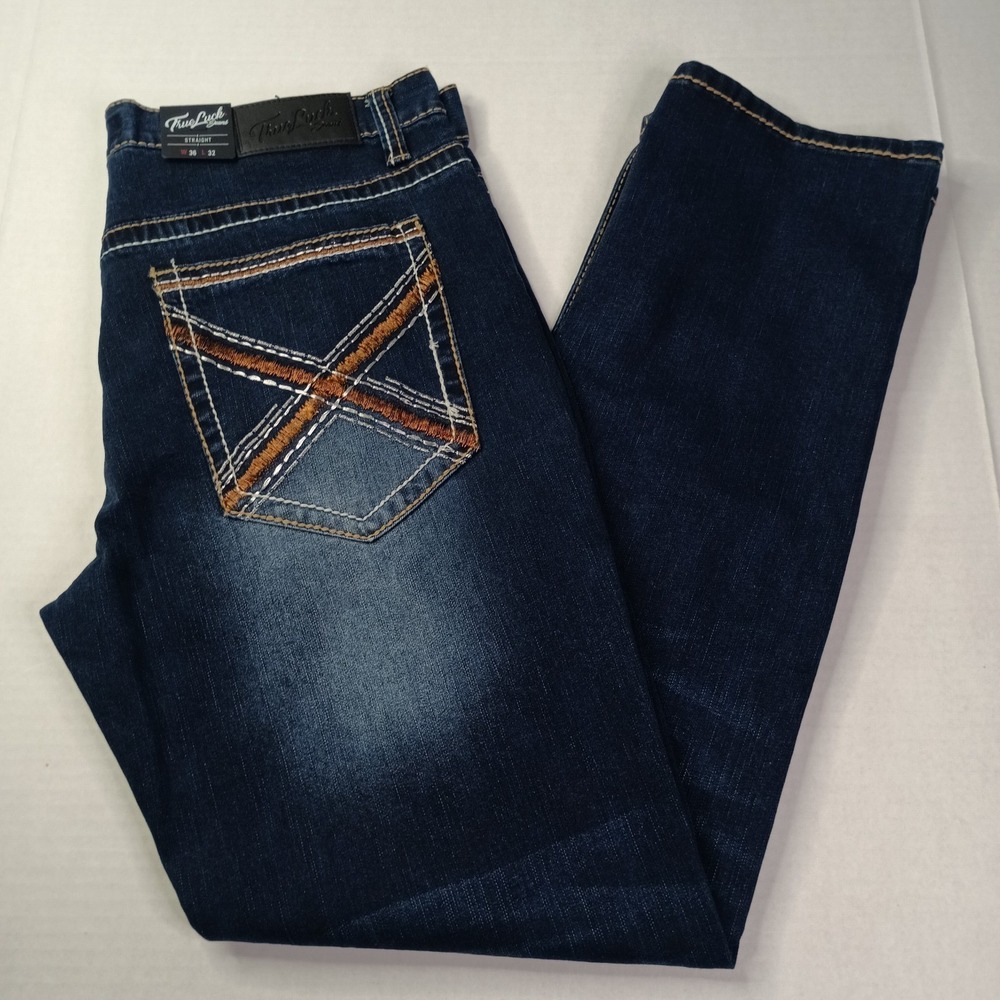 NWT True Luck Jeans Straight Classic Stretch Men's 36x32 Blue Denim Thick Stitch